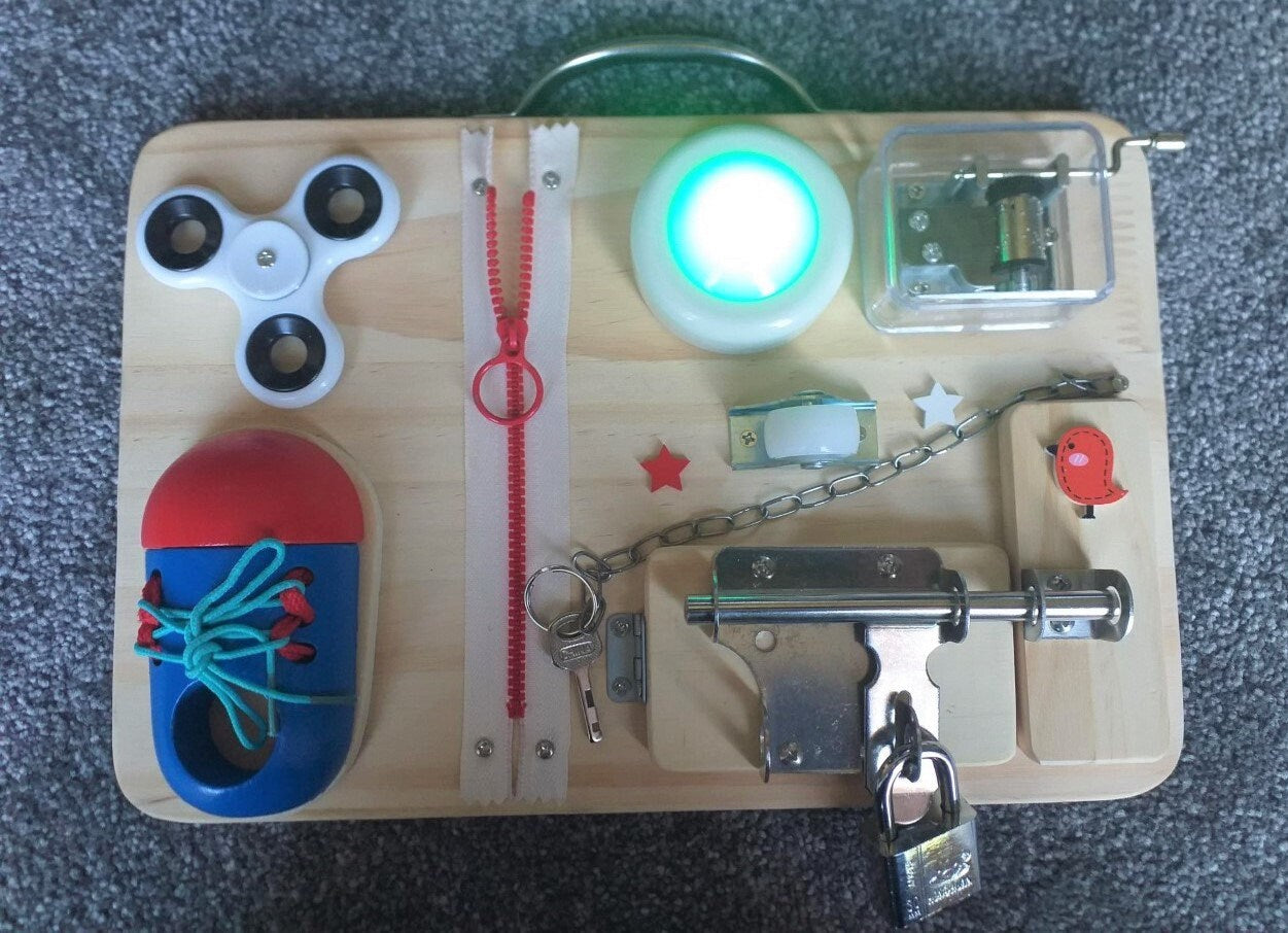 Wooden Busy Board, Premium Montessori Musical Light Up, Educational, Sensory ASD
